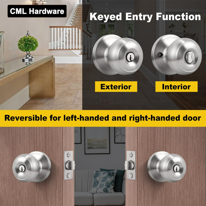 CML Hardware Keyed Entry Door Knob Set, Entrance Door Lock in Solid Stainless Steel for Exterior and Interior, Round Ball Handle, 1 Pack Stain Stainless