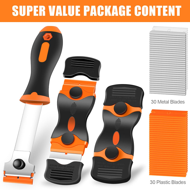 3 Pack Razor Blade Scraper, Premium Cleaning Scraper Tool with 60 PCS Metal & Plastic Razor Blades, Multi-Purpose Glass Scraper for Windows, Sticker, Decals, Cooktop, Paint Removal (Orange) Orange