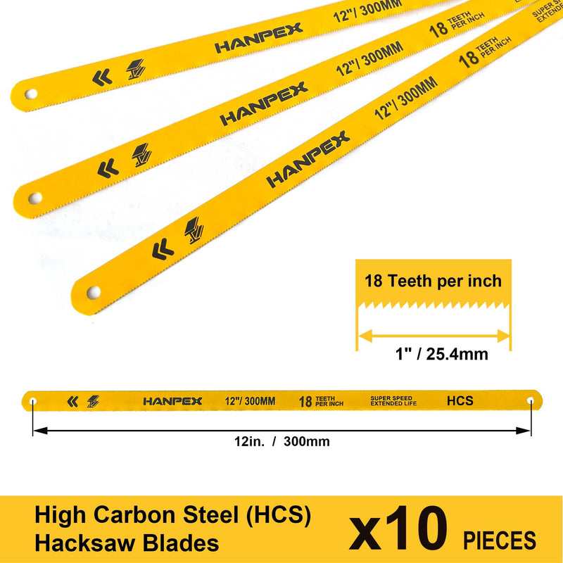 Hacksaw Replacement Blades Set (10 Pack) High Speed 12" Length Hack Saw Blade - High Carbon Steel (HCS) Cutting Blades Blade Set