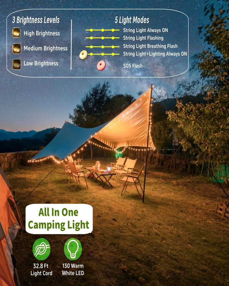 Solar Camping String Lights, 32.8 FT Fairy String Light, 4 in 1 Portable Waterproof Camp Lamp with 8 Lighting Modes, Hanging Rechargeable Tent Lantern for Christmas Decorations Patio Party Essentials