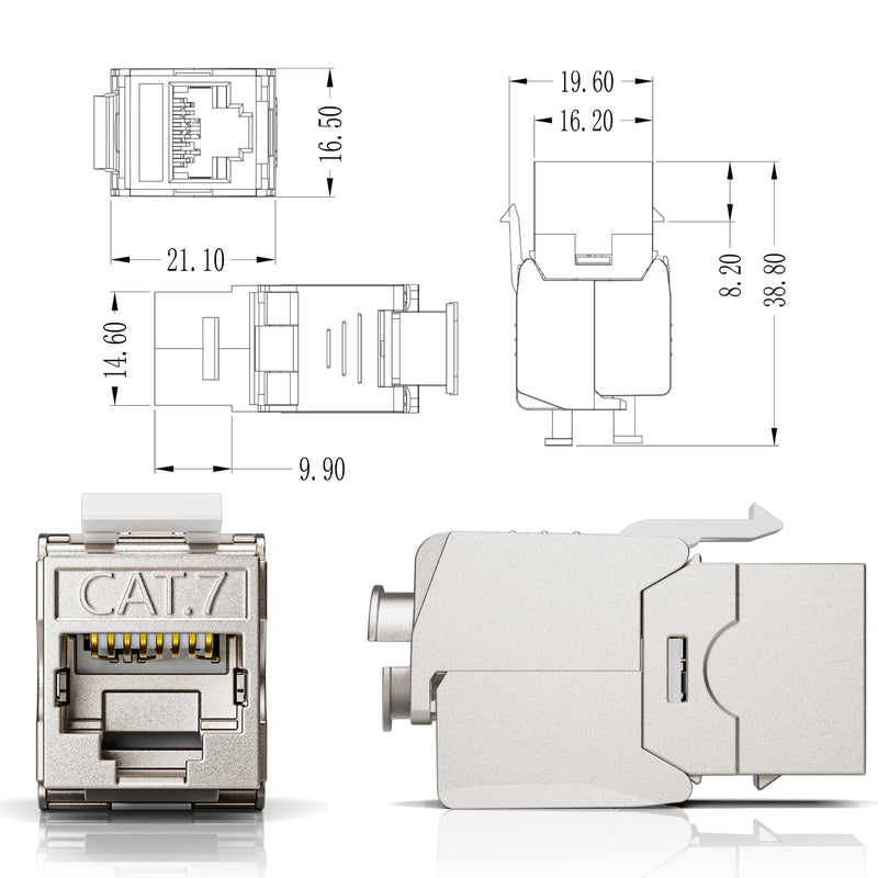 Cat 7 Cat 6A Shielded RJ45 Keystone Jack 12-Pack, 10G Ethernet Keystone Jack Toolless Zinc Alloy Module Jacks for 22 to 26 AWG Solid or Stranded S/FTP Ethernet Cable