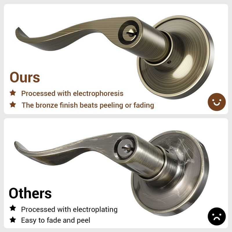 Door Handle with Lock, Ohuhu Bronze Door Knobs Interior Exterior Door Lock Lever with Key Antique Brass for Bedroom Bathroom Privacy not Keyed Alike Wave Style Entry locksets Zinc Alloy 2 Pack