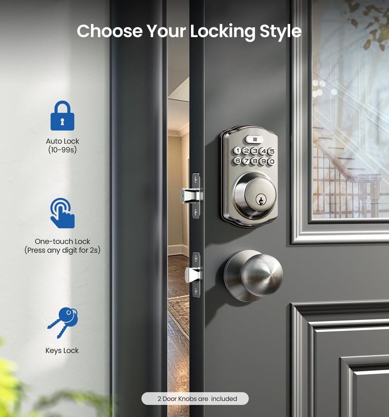 Veise Keyless Entry Door Lock with 2 Knobs, Electronic Backlit Keypad Deadbolt with Handle Set, Auto Lock, One-time Codes, Smart Deadbolt for Front Door, Easy Installation, Satin Nickel Knob