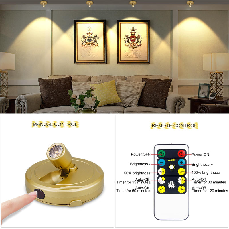 2Pack Battery Spotlight with Remote Gold, Wireless Led Picture Lights Painting Light for Wall Art,Uplight Puck Lights for Plants Indoor Art Display Light, Ceiling Spot Light Accent Light