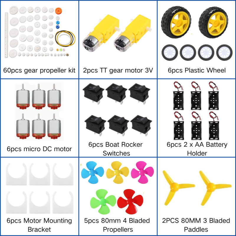 6 Sets DC Motors Kit Mini Electric Hobby Motor 3V-12V 25000RPM with 60PCS Plastic Gears, TT Motor, 2AA Battery Holder, Boat Rocker Switch, Shaft Propeller, Plastic Wheels for DIY Science Projects