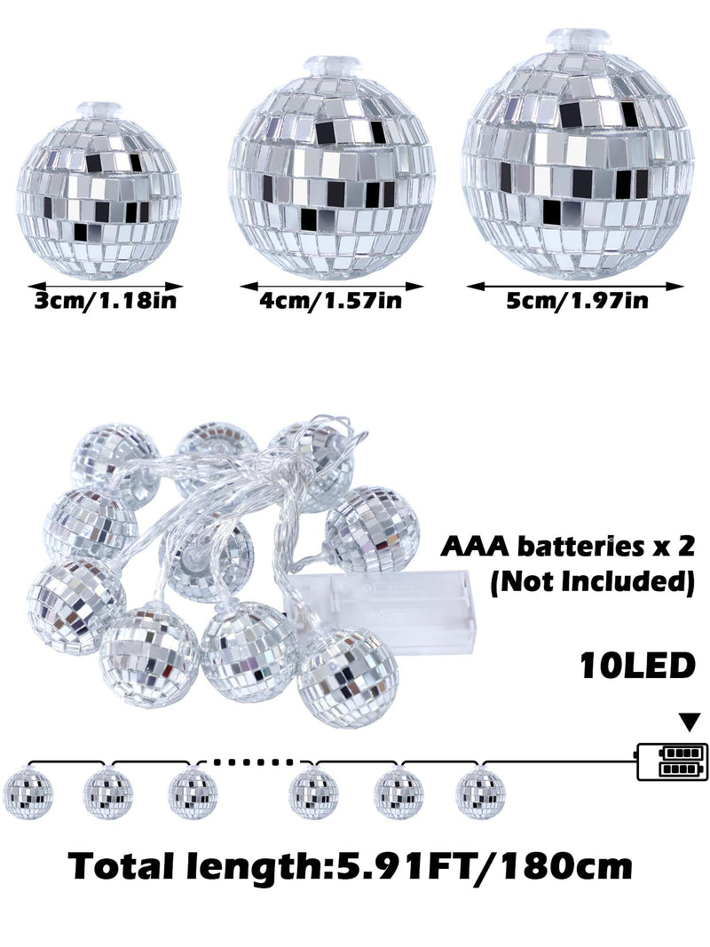 BBTO 10 LED Disco Ball String Light Mirror Disco Ball Ornaments 70s 80s 90s Disco Party Supplies Battery Powered Disco Balls with String for Christmas Tree Holiday Decor(Silver White,1.57 Inch) Silver White 1.57 Inch