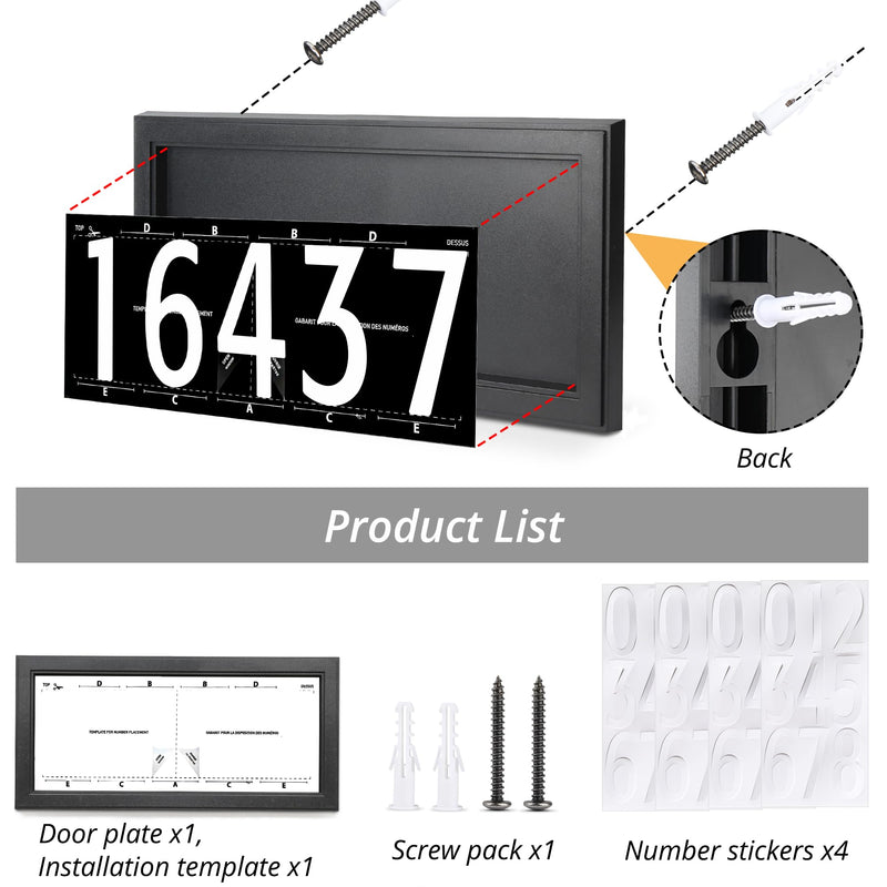 Address Number Sign 14.4" x 7.0" ABS Plastic, Includes 4 Sets 4 Inch 0-8 Number Stickers, Mounting Screws & Expansion Tubes, Fits 4-5 Digits for Home Wall Door