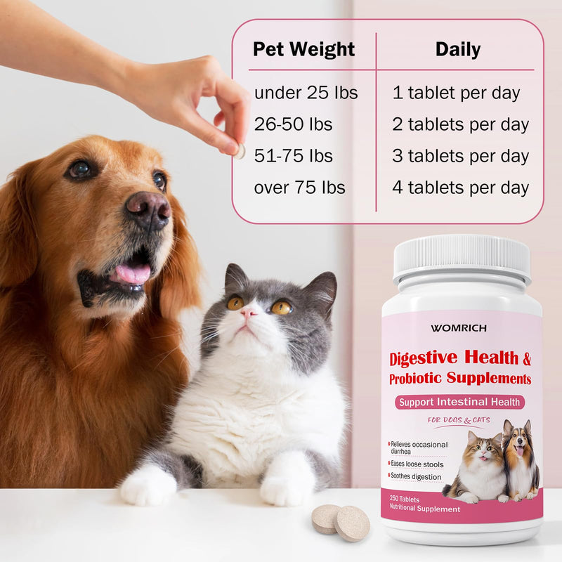 Anti-Diarrheal Support for Dogs & Cats Probiotics 250 Chewable Tablets, Helps Relieve Occasional Diarrhea in Cats Dogs, Situational Diarrhea Relief with Kaolin, Contains Beneficial Probiotic Bacteria