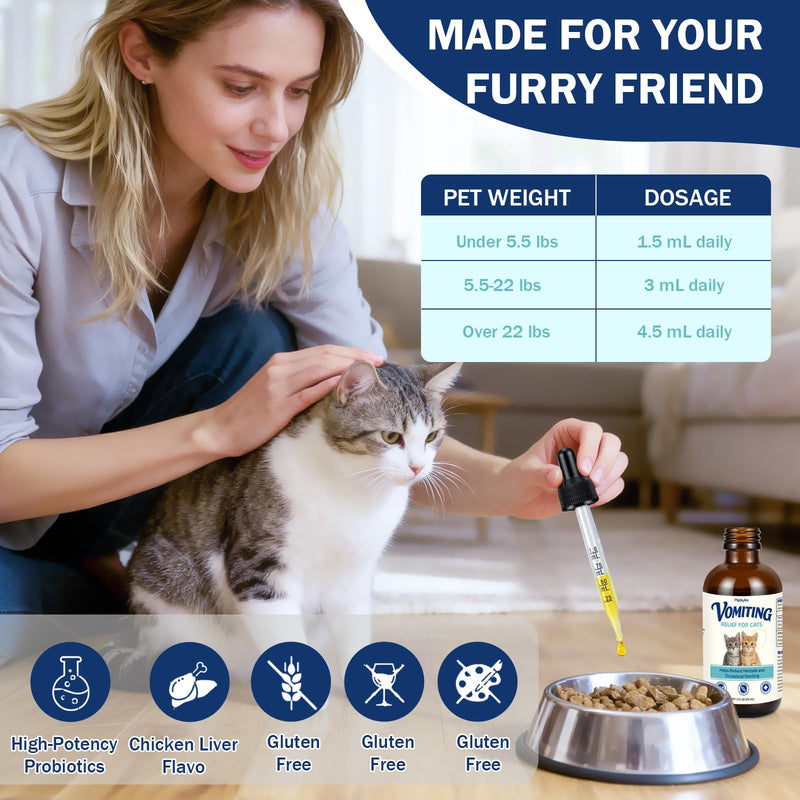 Cat Vomit Remedy for Cats, Vomiting Relief Drops with Probiotics, Digestive Support Liquid Helps Reduce Vomiting Hairballs and Sensitive Stomach, Supports Intestinal Balance Easy to Mix - 2 FL OZ