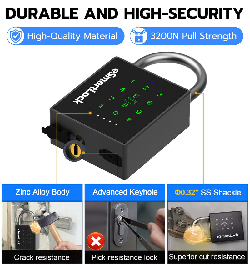 eLinkSmart Heavy Duty Smart Padlock with Key, Pad Locks with Code Keypad, Weatherproof Bluetooth RFID Keyless Electronic Digital Combination Lock for Outdoor Fence Gate Pool Shed Gym Locker Storage