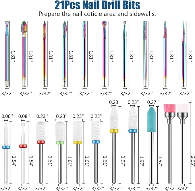 Depvko Set di 19 punte per trapano per unghie, 332 pollici per cuticole diamantate e kit di punte per unghie in gel acrilico ceramico, strumenti per nail art, punte per la rimozione delle cuticole - NewNest Australia