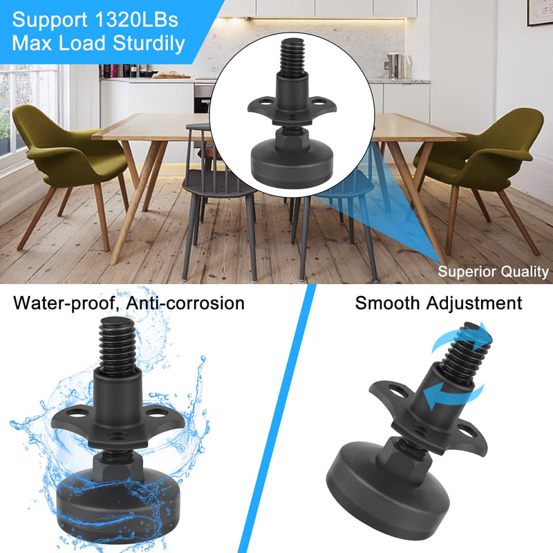 Heavy Duty Furniture Levelers 3/8''-16 Thread w/ T-Nut Kit Furniture Leveling Feet Adjustable Furniture Levelers for Tables,Cabinets,Chairs,Workbench,Sofa and More,Large Base Supports 1320LBs-4 Packs 4 Packs Black