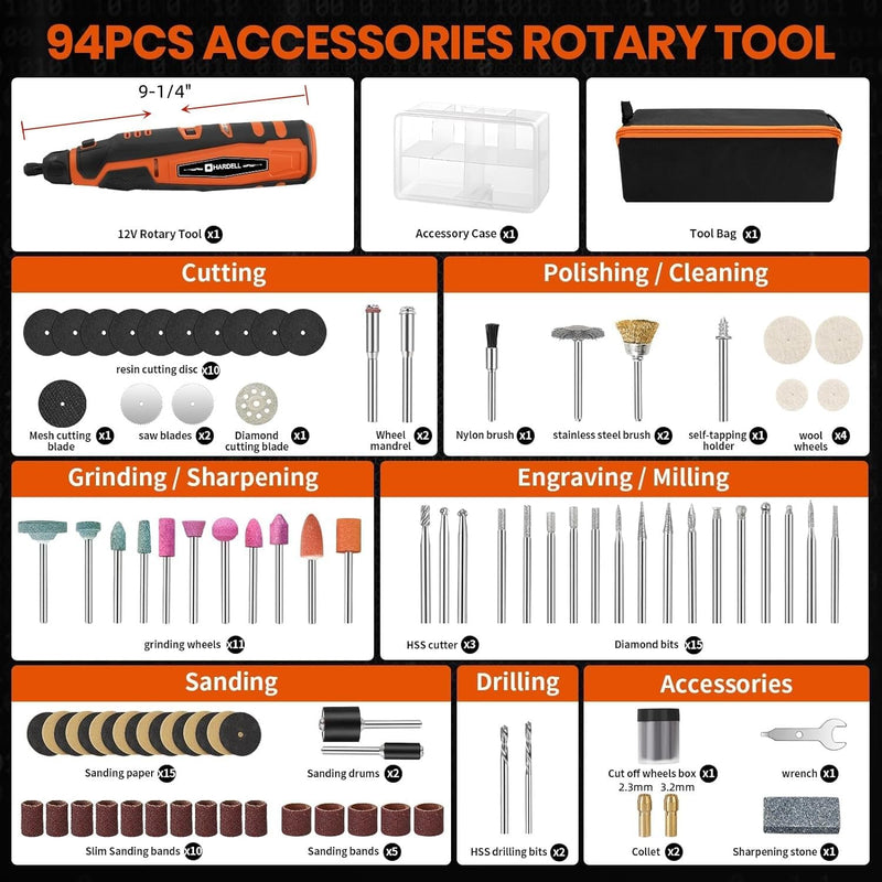 HARDELL 12V Cordless Rotary Tool, 6-Speeds Rotary Tool Kit, 30000RPM Power Rotary Tools 94 Rotary Tool Accessories for Engraving, Sanding, Polishing, Cutting, Carving, DIY and Craft Projects