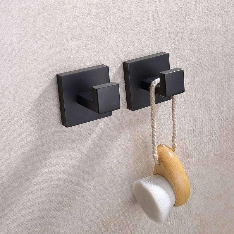 TASTOS Bath Towel Hooks Matte Black, 2 Pack Stainless Steel Robe Coat and Clothes Hook, Heavy Duty Wall Hook for Bathroom & Kitchen, Modern Square Style Wall Mounted (Black) Square Size