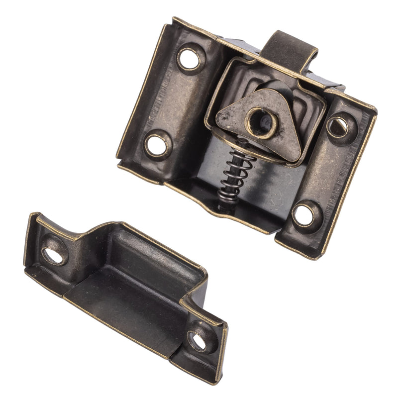 Small Stamped Antique Brass Cabinet Door Latch - 1 7/8" × 1 7/8" - Pack of 6 - Spring Loaded Cupboard Door Latch with Oval Turn - Vintage Cabinet Hardware | UA-141-LAB (6)