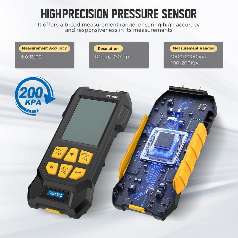 Dual-Port HVAC Manometer with 7 Adapters, 10 Units Switch, Data Locking & Storage, -100~200Kpa, Magnetic Back, Backlit Display Screen Manometer Gas Pressure Tester, PT520
