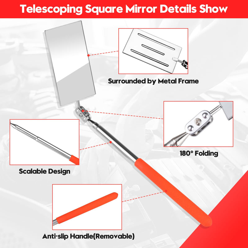 Telescoping Inspection Mirror, Flexible Telescopic Rectangular Inspection Mirror Automotive Extension & Bendable Square Mirror, Extendable Mirror on a Stick for Checking Vehicle Condition-Gift for Men Orange/Orange