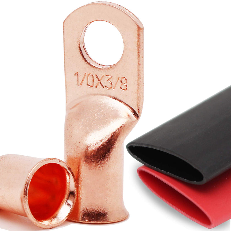 TKDMR 10pcs 1/0 AWG-3/8 Battery Lugs,Heavy Duty Wire Lugs,Ring Terminals,Battery Cable Ends,0 Guage terminals,Battery Terminal Connectors with 10pcs 3:1 Heat Shrink Tubing 1/0 Awg - 3/8" (M10) Ring 10