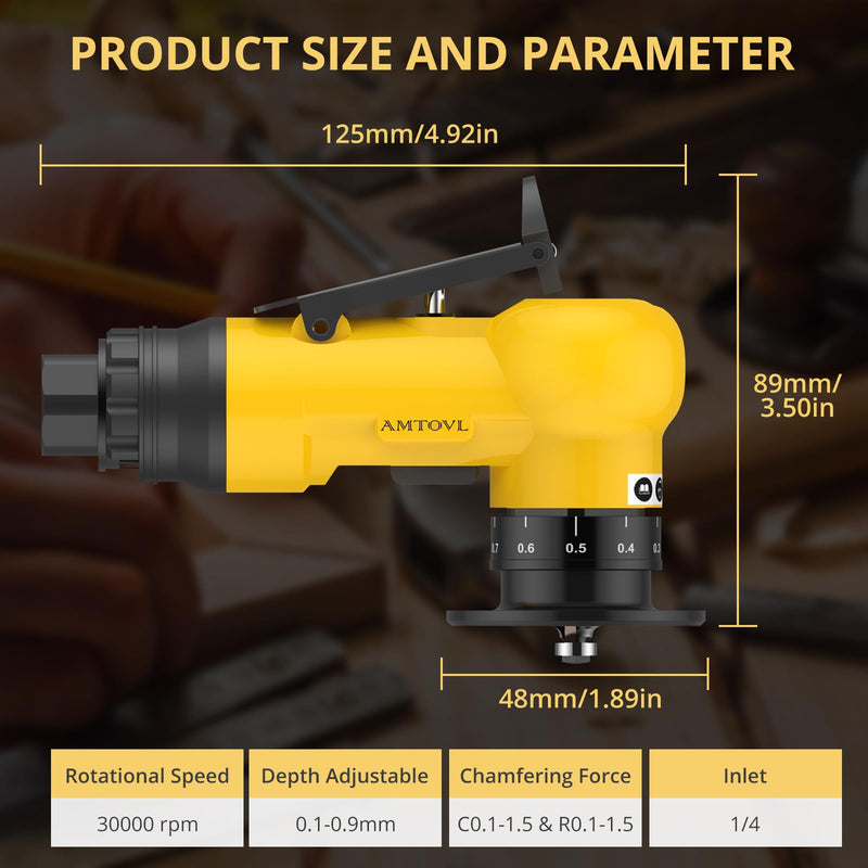 AMTOVL Air Chamfer Tool - Mini Pneumatic Chamfering Machine, 30000 RPM Pneumatic Chamfering Tool, 45 Degree Air Beveling Machine with 1/4 Inch Air Inlet for Metal, Wood, Acrylic Deburring and Trimming Yellow
