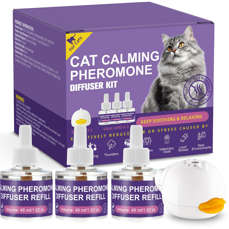 Cat Calming Diffuser Kit 1 Diffuser Plus 3 Refills 90-Day Support Cat Pheromone Diffuser for Feline Calming Urine Marking Excessive Meowing Scratching Odorless Formula for All Felines