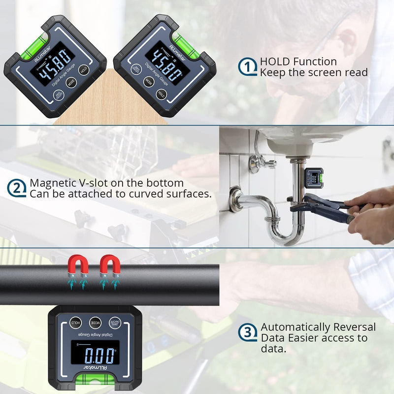 0-360°(4 * 90°) Digital Angle Finder Level Magnetic Electronic Gauge Inclinometer Protractor Tool with Bubble Level and Magnetic Base LCD Backlight For Construction Carpenter Craftsman Home
