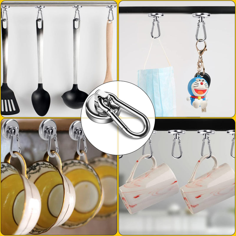 Grtard 12Pack 50LBS Strong Magnetic Hooks with Swivel Carabiner Hook, Premium Magnet Hooks Heavy Duty Magnetic Hook for Hanging, Magnets with Hooks, Refrigerator Magnet Hook Swivel Hook-25mm-12P