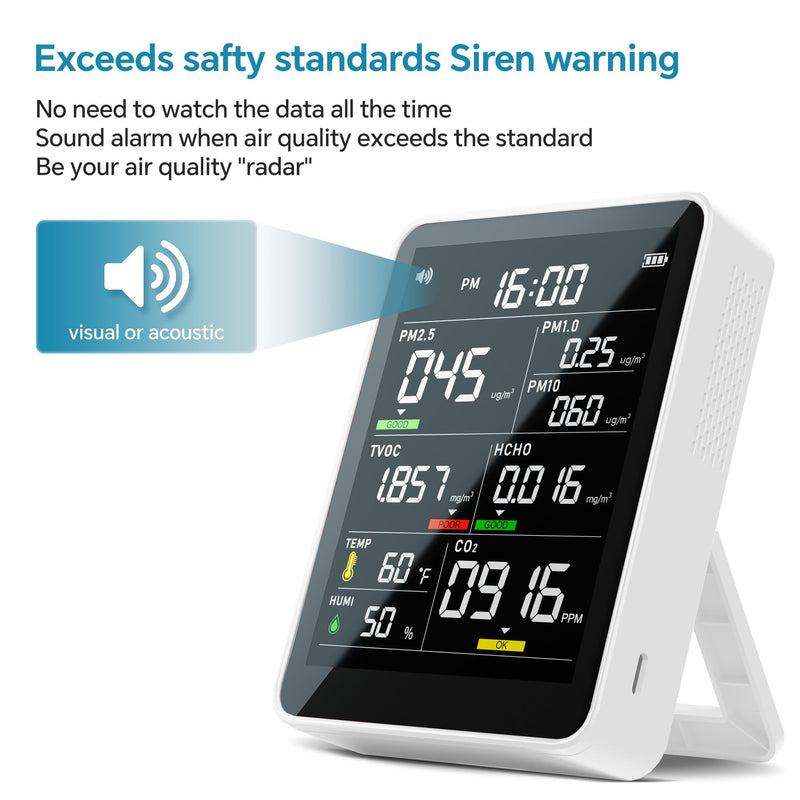 Air Quality Monitor Indoor,13-in-1 Smart Air Quality Tester with PM 2.5, CO2, TVOC, HCHO, PM1, AQI, PM10, Temperature & Humidity, Real Time Display, Battery Powered, for Home & Office (White) White