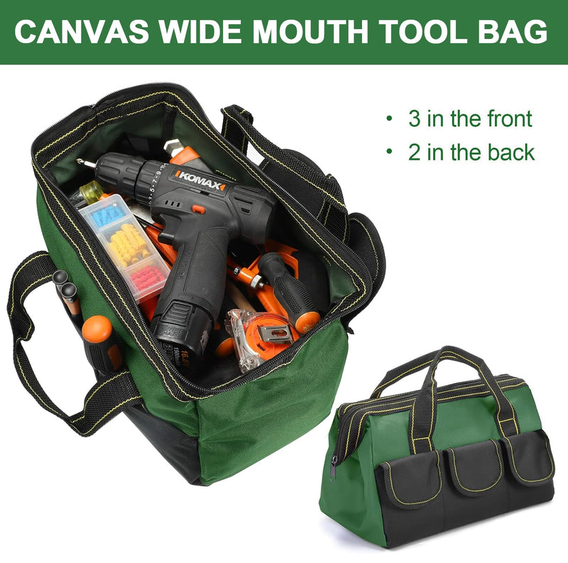 Rugged 16-Inch Wide Mouth Tool Bag for Professionals, Waterproof and Durable. Great for Construction Electricians Carpentry and DIY Enthusiasts, Green
