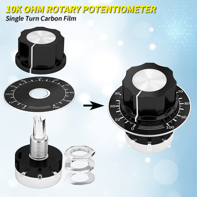 Joinfworld 10K Potentiometer Single Turn Carbon Film Rotary Potentiometer 10K Ohm with A03 Knob & Dial for Inverter Speed Regulation Motor Speed Control