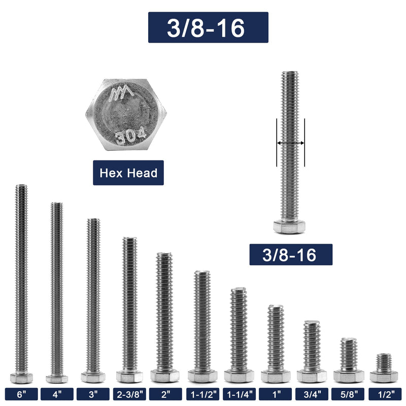 3/8-16 x 1 Hex Head Screw Bolt, 10Pcs 18-8 (304) Stainless Steel, Fully Threaded, Plain Finish, by SG TZH 10 3/8-16 x 1"