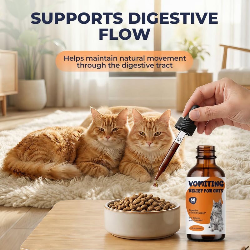 Cat Vomit Remedy & Vomiting Relief for Cats, Hairball & Digestive Support Drops, Probiotic + Fiber Blend Helps Reduce Occasional Vomiting, Supports Gut Balance & Hairball Control, 2 fl oz