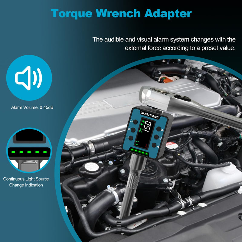 DURFICST 1/2" Digital Torque Adapter, 4.4-147.5 Ft-lb/6-200 Nm Digital Torque Wrench Adapter, Torque Adapter with ±2% Accuracy, Buzzer & LED Indicators, 3/8'' & 1/4'' Adapters for Bike/Motorcycle/Car 1/2-Inch