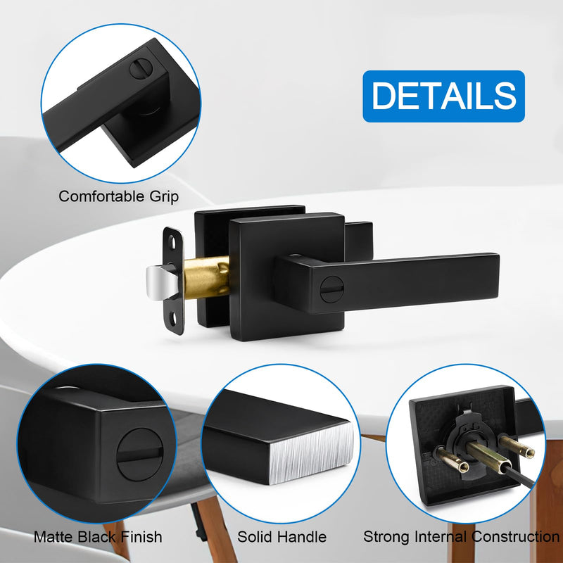 2 Pack Matte Black Door Handles Privacy Door Levers, Heavy Duty Bed and Bath Door Locks Interior Door Knobs, Reversible Keyless Flat Levers with Square Rosette 2 Pack Matte Black Finish