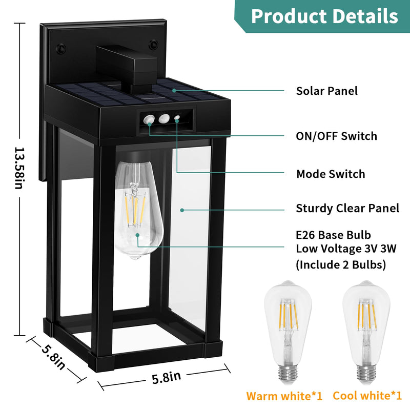 Solar Wall Lights Outdoor, Solar Wall Sconce with 3 Lighting Modes & Motion Sensor, Waterproof Porch Light with Clear Panel for Garage Porch Yard Front Door 5.8 x 5.8 x 13.58 in Black-1Pack
