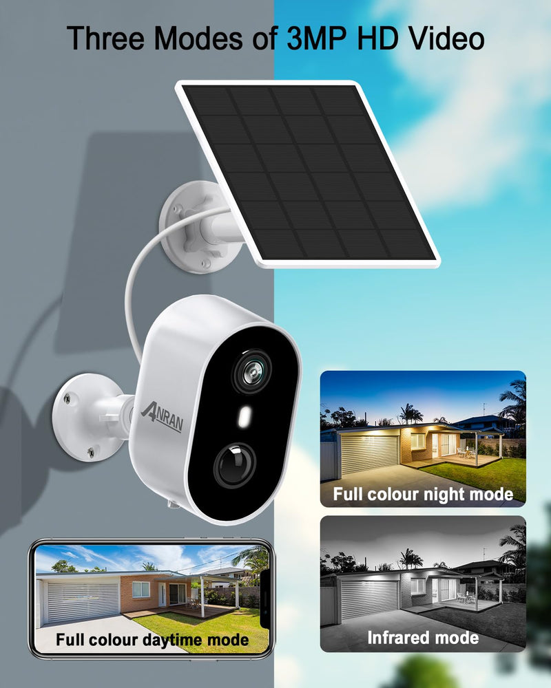 ANRAN 3MP Solar Security Cameras Wireless Outdoor for Home Security, 2K Color Night Vision WiFi Surveillance Home Camera with Solar Panel, Spotlight, PIR Detection, 2-Way Talk, Compatible with Alexa