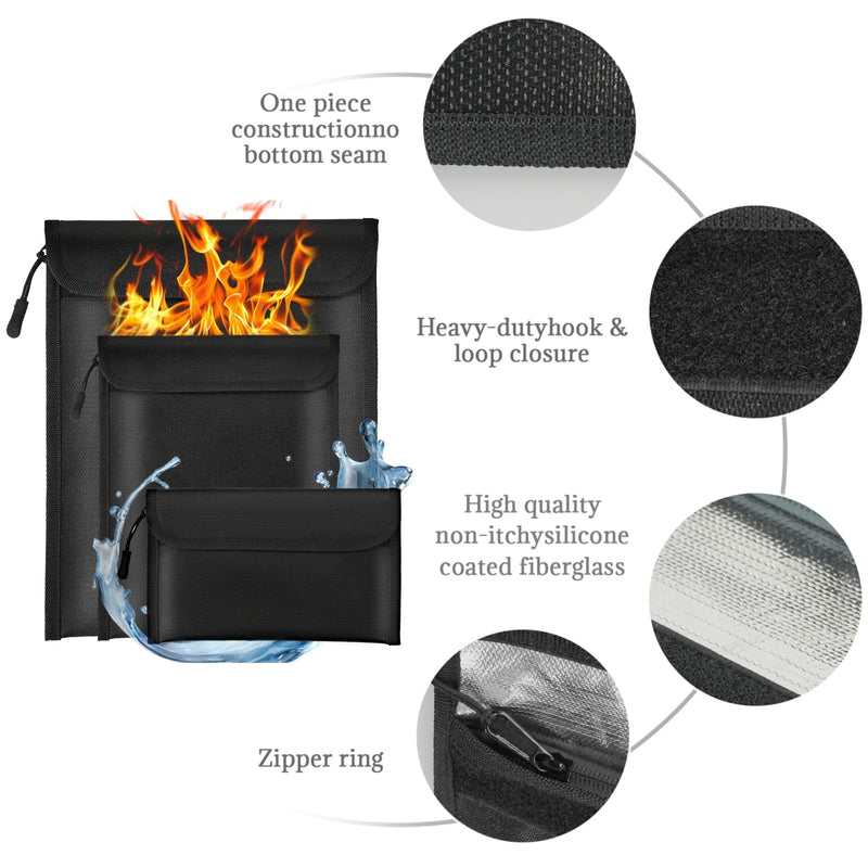 Fireproof Waterproof Document Bag 3-Pack Black 2000℉ Money Bag for Cash Passports ID Cards Social Security Card Protector Waterproof Zipper Pouch Fire Proof Bank Bag Document Holder
