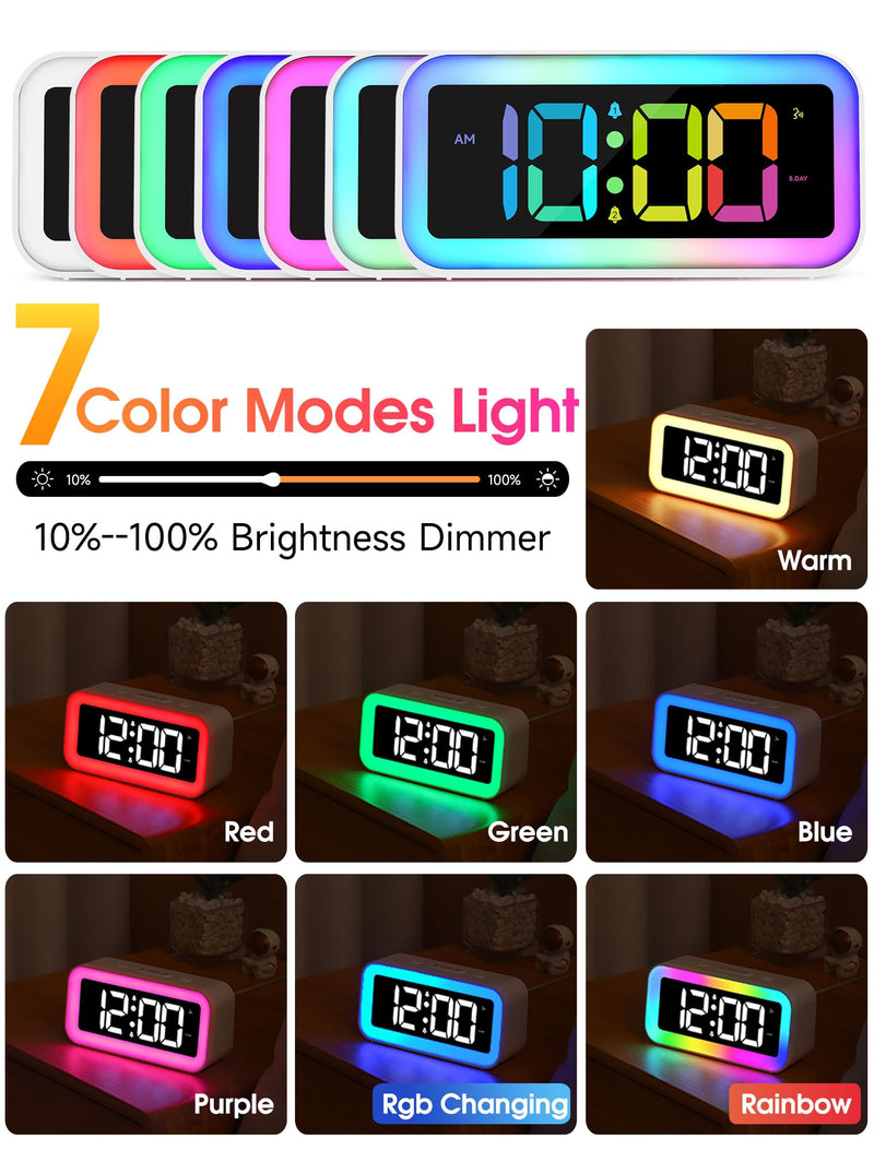Cadmos Loud Alarm Clock for Bedrooms with Dynamic RGB Night Light,Heavy Sleepers Adults,Dual Alarm,Dimmer,USB Charger,Small Bedside Digital Clock with Led Display for Kids,Teens,Seniors (White) White