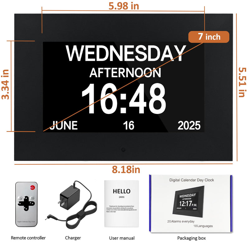 7" Digital Alarm Clock for Seniors, Dementia Clock with Day and Date for Elderly, Digital Calendar Day Clock with 20 Reminders & 20 Alarms, Auto-DST 7" Non-Touchscreen Black
