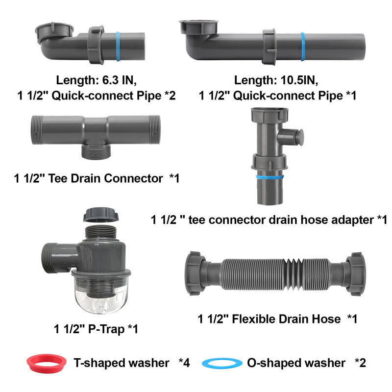 1-1/2 inch Kitchen Sink Drain Kit, space-saving kitchen drain with P-trap and extendable flexible hose (gourd overflow preventer) gourd overflow preventer Gray
