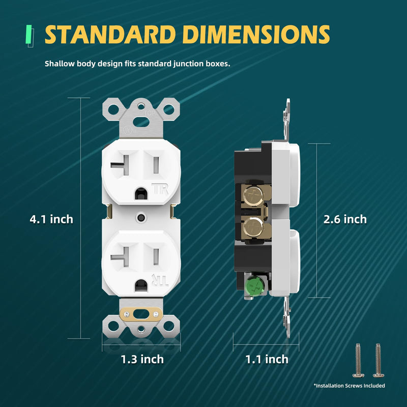 Duplex Wall Receptacle Outlets, 20A Tamper-Resistant Electrical Receptacle, 2 Pole 3 Wire, Self-Grounding, Residential Grade Wall Power Socket, White, UL Listed, 10 Pack 20 Amp