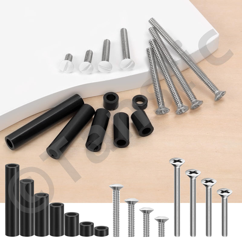 Tanstic 385Pcs Extra Long Outlet Screws & Wall Plate Screws & Electrical Outlet Screws Spacers Kit, Long Electrical Outlet Screws Outlet Cover Screws Black Nylon Round Spacer