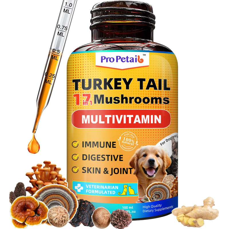 Turkey Tail Mushroom Liquid for Dogs 3000mg Highly Concentrated Extract | Immune Defense, Lipoma & Itch Relief, 17 in 1 Tincture, 5X Organic Mushrooms Blend, Multivitamin & Turmeric, Daily Vitality
