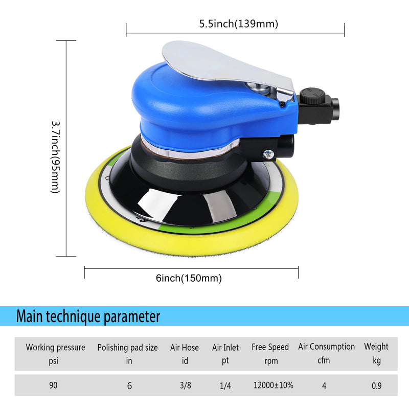 Ouya Air Powered Random Orbit Sanders Dual Action Pneumatic Palm Sander with 1pc 6-inch Backing Plate and 9pcs Sandpapers 6 inch