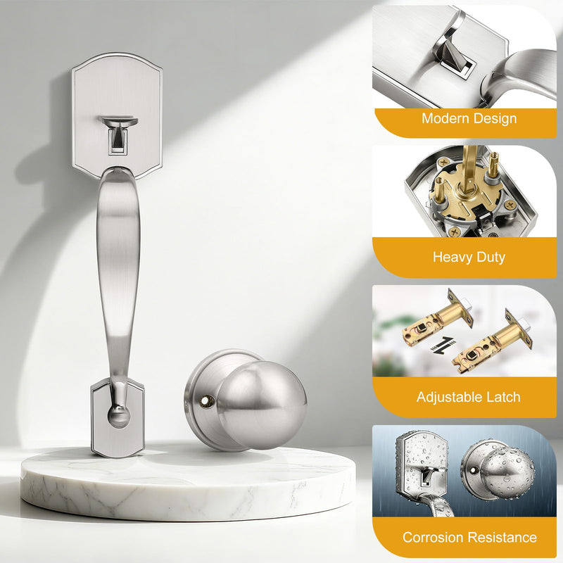 Probrico Brushed Nickel Front Door Handleset,Exterior Front Door Handle with Interior Door Knob, Front Door Knob Reversible for Right and Left Handed,1 Pack 1