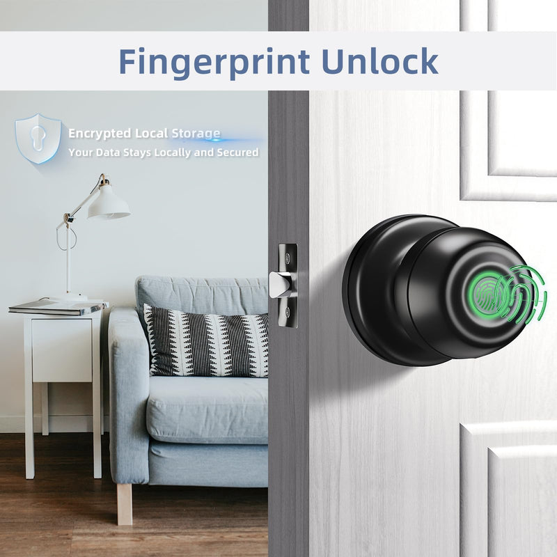Smart Door Knob, Fingerprint Door Knob, Biometric Smart Door Lock with App Control, Metal Alloy Door Knobs, Easy Installation, Great for Bedrooms, Cloakroom, Apartments Offices, Hotel(Black) Black