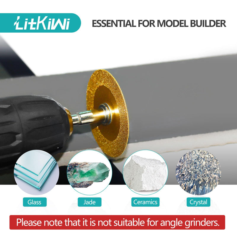 LitKiwi Mini Glasses Cutting Disc,1mm Ultra-Thin Diamond Cutting Blade Wheel,with 2 Sizes Round Mandrels,for Cutting Glass, Jade, Crystal, Ceramics and etc. 3PCS Diamond Blades & 2PCS Round Shanks