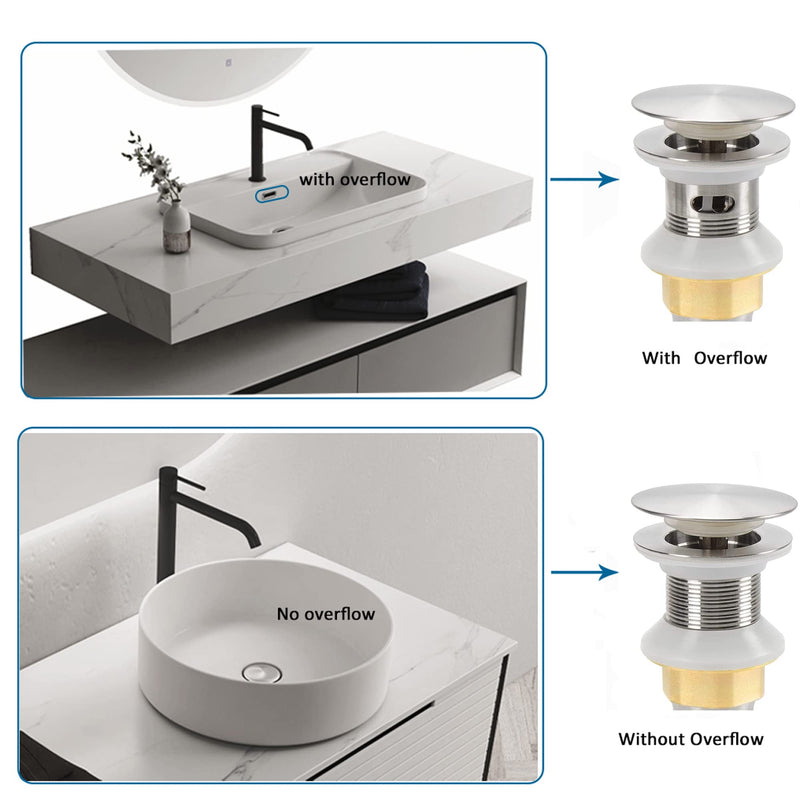 Bathroom Sink Drain,Drain Stopper Bathroom Sink with Overflow,Pop Up Drain Assembly with Detachable Strainer Basket,Built-in Anti-Clogging Strainer,Stainless Steel Brushed Nickel