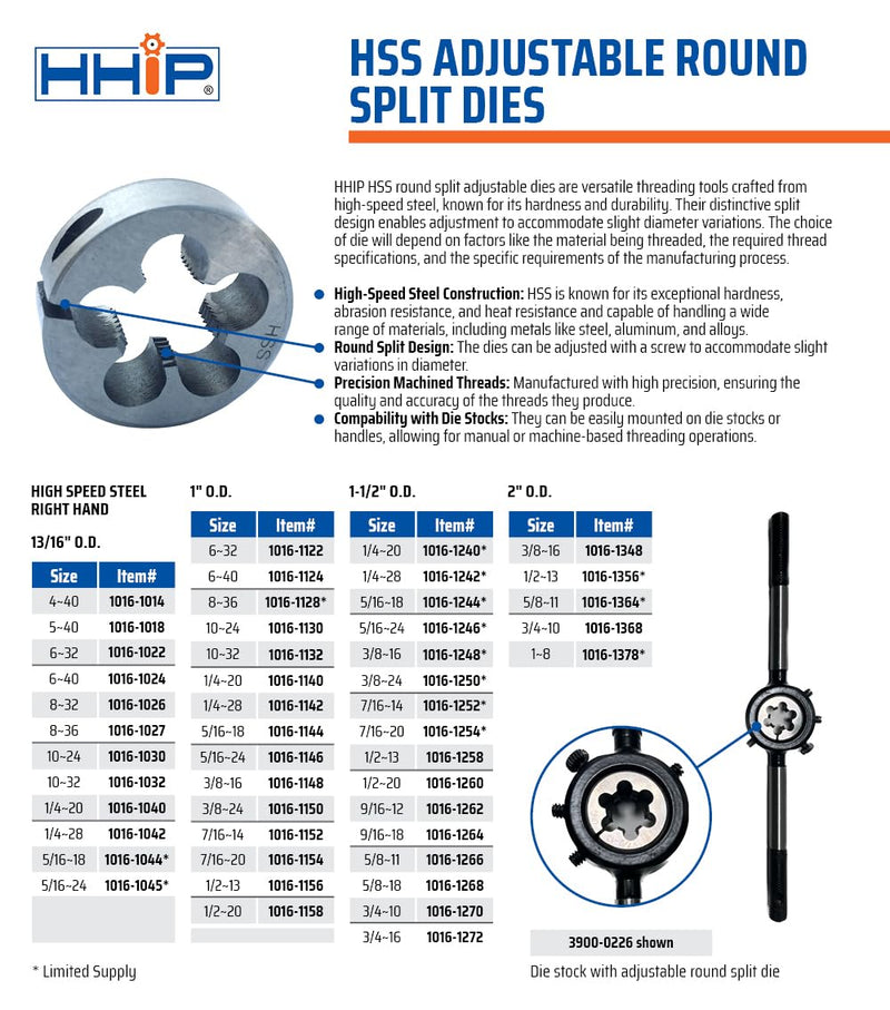 HHIP 1016-1368 3/4-10 (2 Inch OD) Adjustable Round Split Die