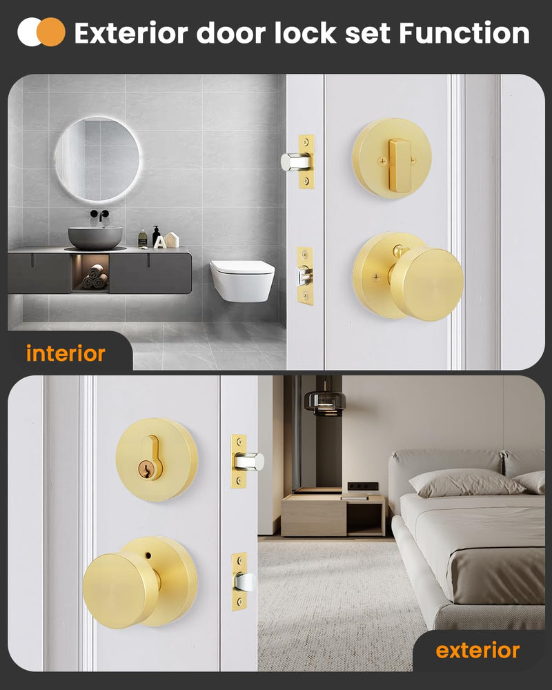 Goldenwarm 1 Pack Gold Door Knob with Deadbolt, Exterior Front Brass Door Knobs and Single Cylinder Deadbolt, Brushed Gold Front Door Locks Set - Zinc Alloy Heavy Dut