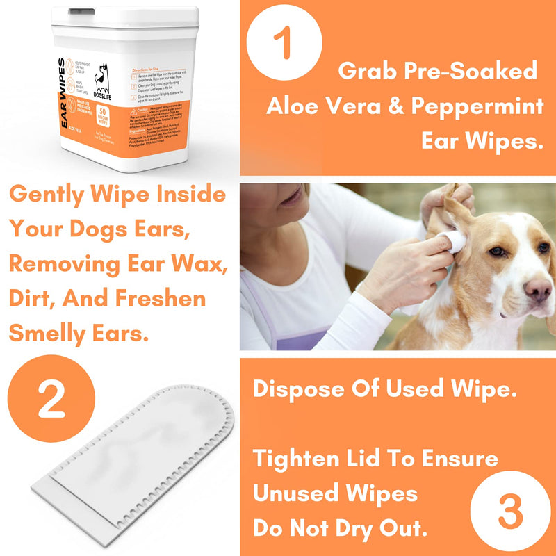 Dog Ear Wipes for Dogs | Ear Cleaning Wipes | Remove Wax, Dirt & Odor | Soothe Itchy Smelly Ears | 50 Soothing Aloe Vera Dog Ear Cleaner Finger Wipes